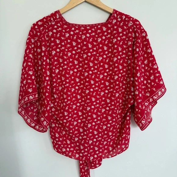 Max Studio Red Floral Tie Waist Angel Sleeve Kimono Style Blouse Size Large - Picture 2 of 11